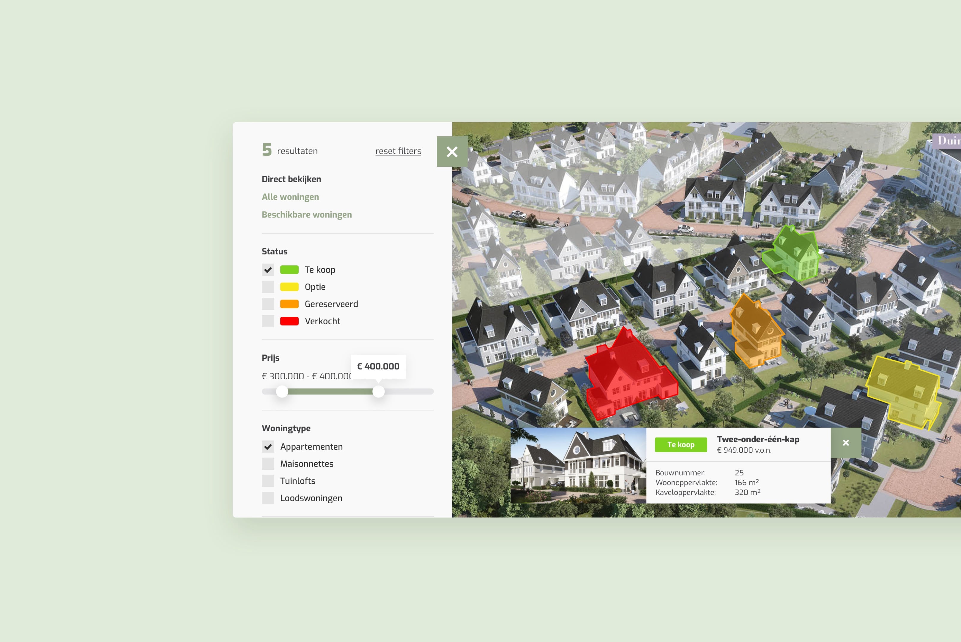 Dynamische kaart met realtime weergave van kavels en gemarkeerde woningen
