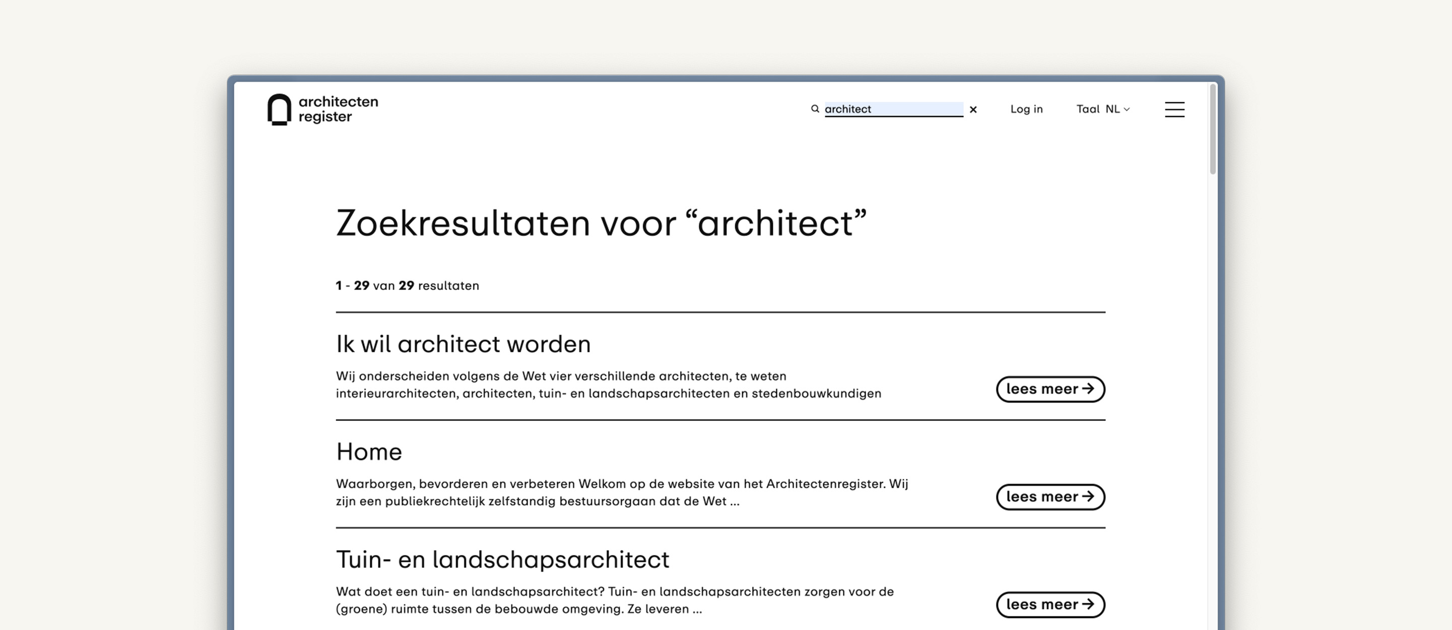 Zoekresultaten pagina van Architectenregister