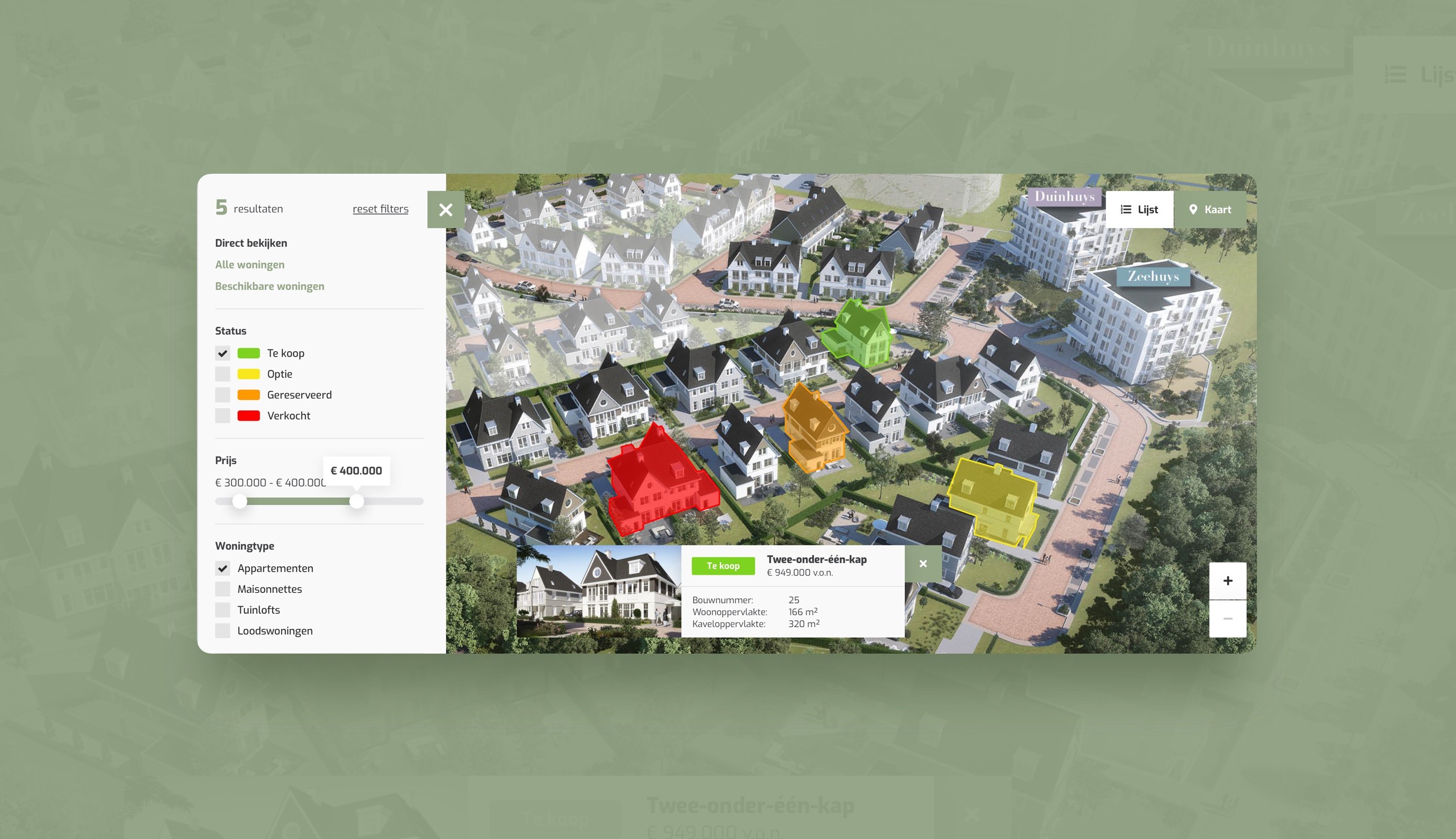Dynamische kaart met realtime weergave van kavels en gemarkeerde woningen